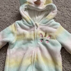 Penelope Mack Baby Unicorn Bunting Suit 6/9 Months Rainbow Pastel Hooded Footie